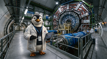 Anthropomorphic penguin in a coat lab, pictured in front of the LHC at CERN.