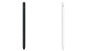 Samsung S-Pen side by side with Apple Pencil 2 on white background