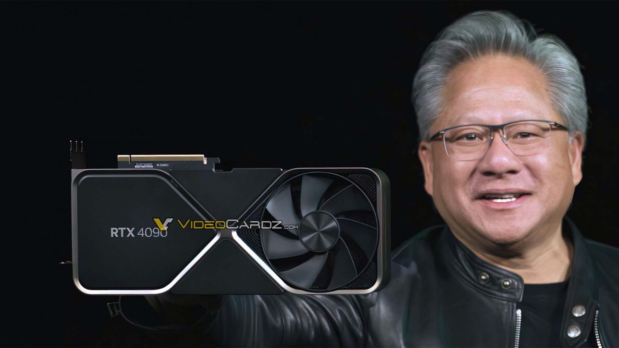 Jensen Huang supuestamente sosteniendo el RTX 4090 contra un fondo negro