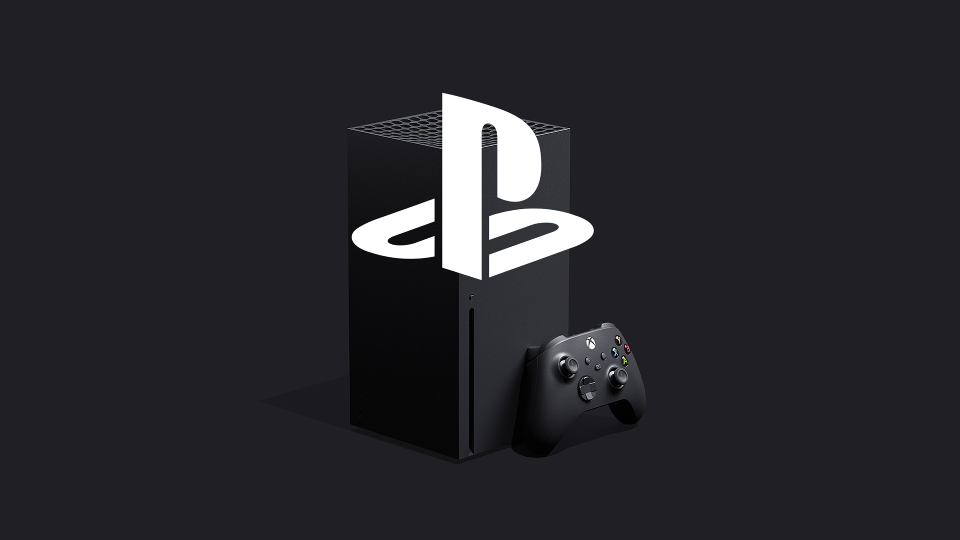 PlayStation logo over an Xbox Series X.