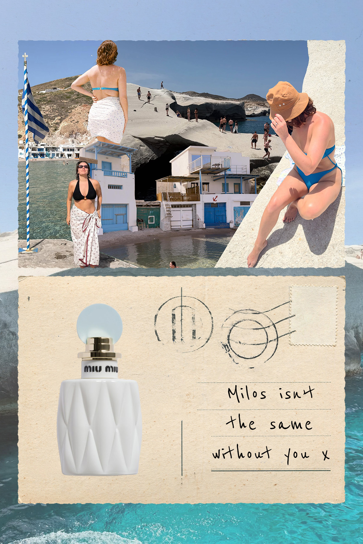 Creator Emma Hoareau in Milos, and a picture of the Miu Miu Fleur De Lait perfume