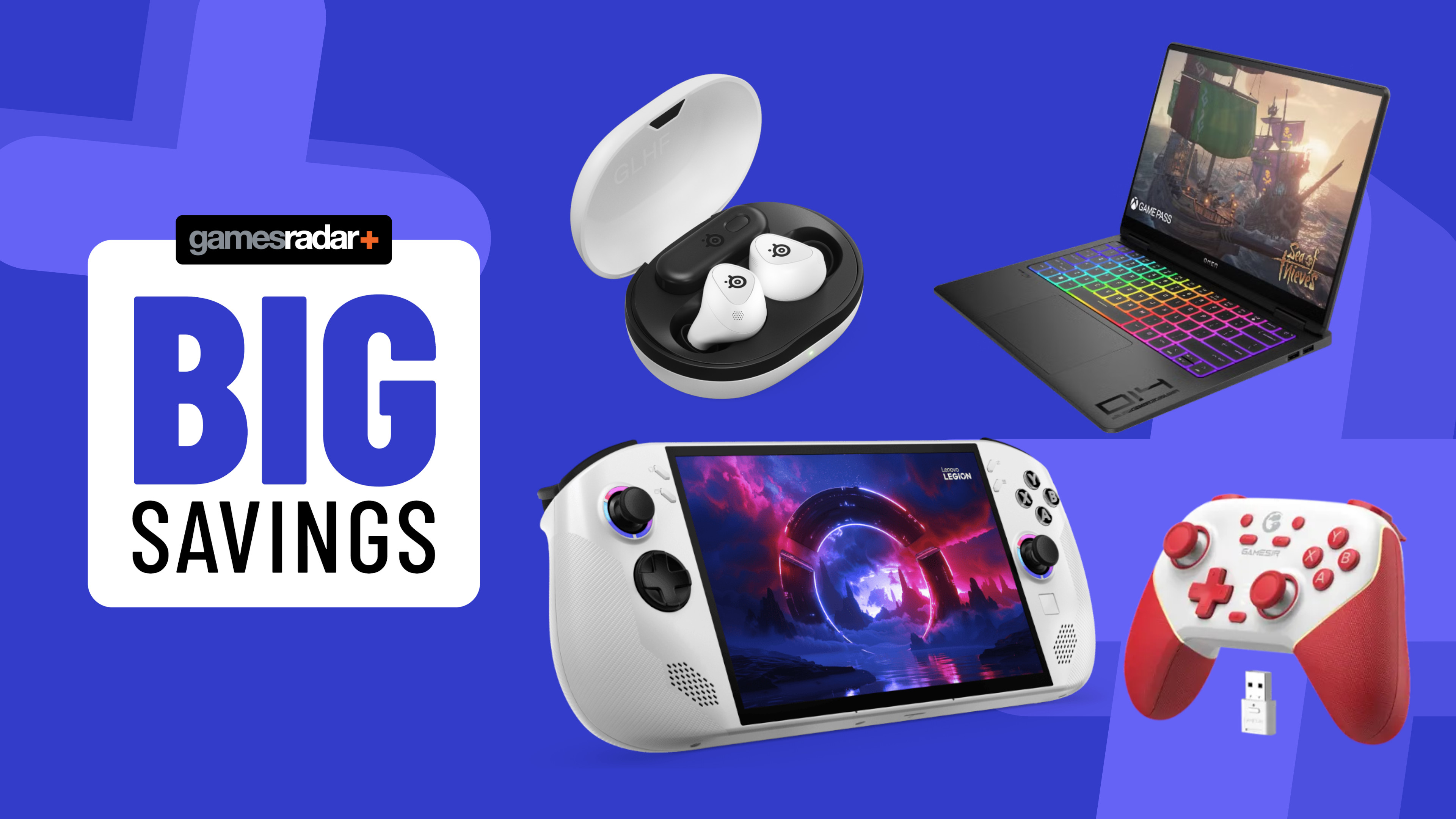 Lenovo Legion Go S, HP Omen Transcend 14, SteelSeries Arctis Game Buds, and Gamesir Super Nova gaming accessories on a blue background with big savings badge