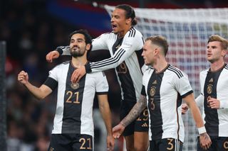 Ilkay Gundogan celebrates after scoring his side's first goal during the UEFA Nations League League A Group 3 match between England and Germany at Wembley Stadium on September 26, 2022 in London, England.