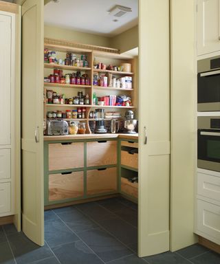 walk-in pantry in a kitchen with food storage drawers and shelves