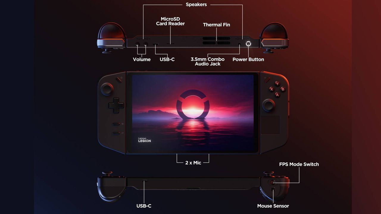 Lenovo Legion GO handheld with red and blue backdrop