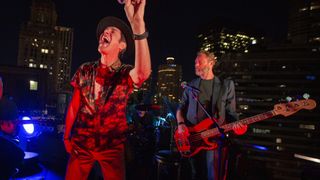 Etty Farrell, Peter DiStefano, Perry Farrell and Martyn LeNoble of Porno for Pyros at Perry Farrell's Second Annual Founders' Party perform on the rooftop of the Pendry Chicago on July 29, 2022 in Chicago, Illinois