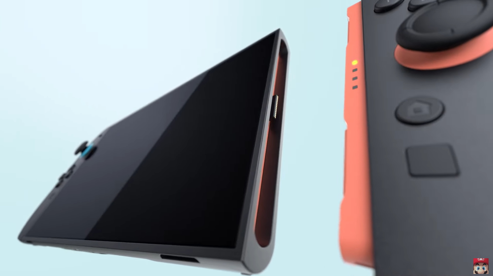 The Nintendo Switch 2 as shown in its announcement trailer with orange and blue accents and removeable controllers.