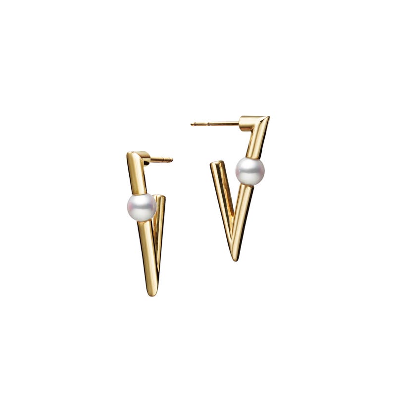 V Code Akoya Cultured Pearl Earrings in 18k Yellow Gold