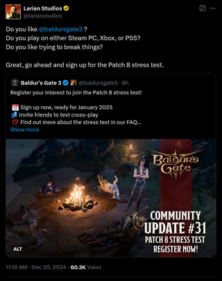 Do you like @baldursgate3 ? Do you play on either Steam PC, Xbox, or PS5? Do you like trying to break things? Great, go ahead and sign up for the Patch 8 stress test.