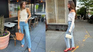 Bethany Holmes wearing a knit tank top with jeans, sandals, and a tan straw bag and Jordanna Sharp wearing a white off-the-shoulder top, high-waisted jeans, red heels, and a white The Row bag.