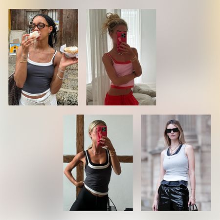 Amaka wears a black camisole layered over a white one with black sunglasses and white jeans; Emili Sindlev wears a pink camisole layered over a red one with red sweatpants; Emili Sindlev wears a gray camisole layered over a white one with black pants; Natalia Verza wears sunglasses, a chain necklace, a white tank top, black leather shiny shorts, a bag, during a street style fashion photo session, on March 30, 2024 in Paris, France.