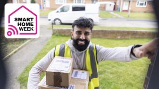 Delivery driver with packages ringing video doorbell