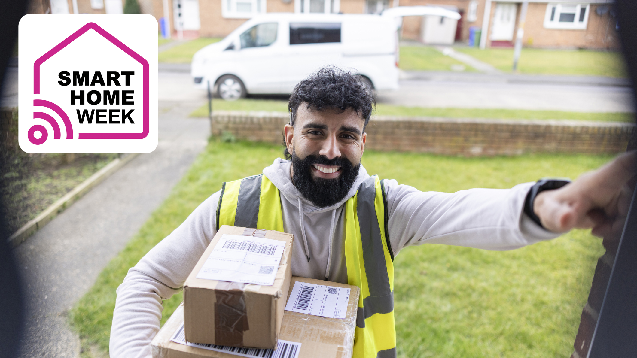 Delivery driver with packages ringing video doorbell