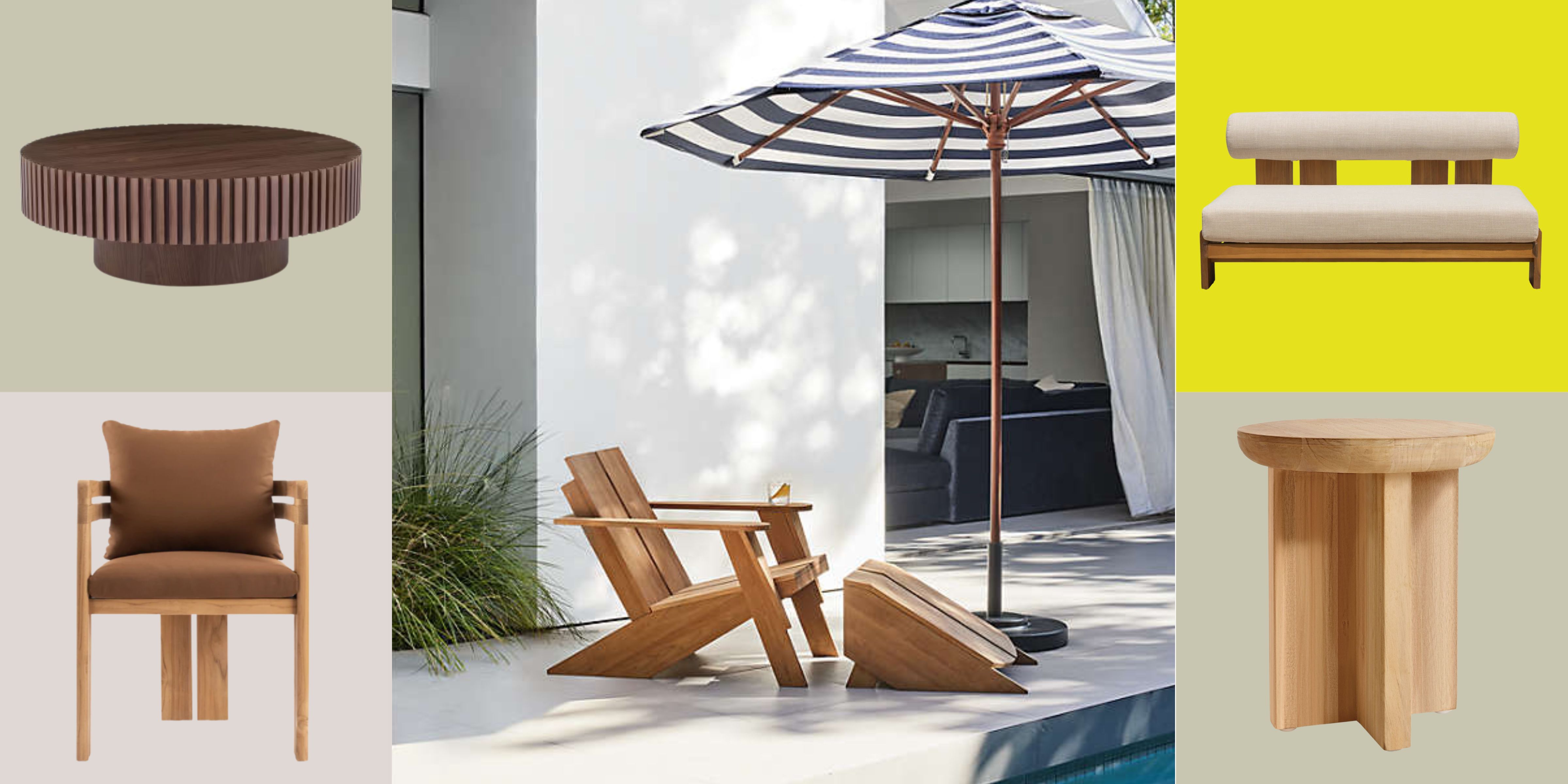 Wooden garden furniture pictured against a colorful checkered background