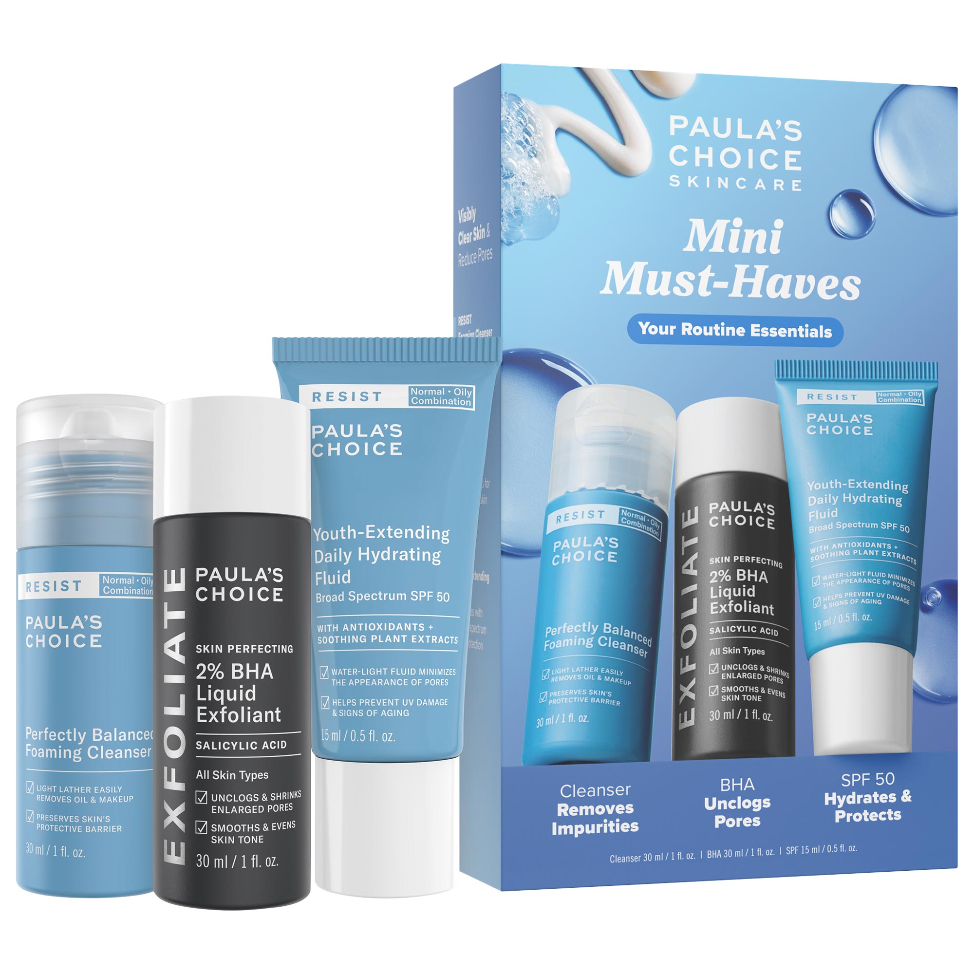Mini Must-Haves With 2% Bha Exfoliating Toner, Foaming Cleanser, &amp;amp; Spf 50