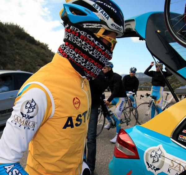 Alberto Contador is dressed for cold weather on a team training ride.
