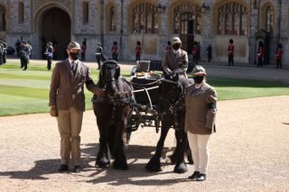 Horse drawn carriage seen in the Quadrangle ahead of during the funeral of Prince Philip, Duke of Edinburgh at Windsor Castle on April 17, 2021 in Windsor, England