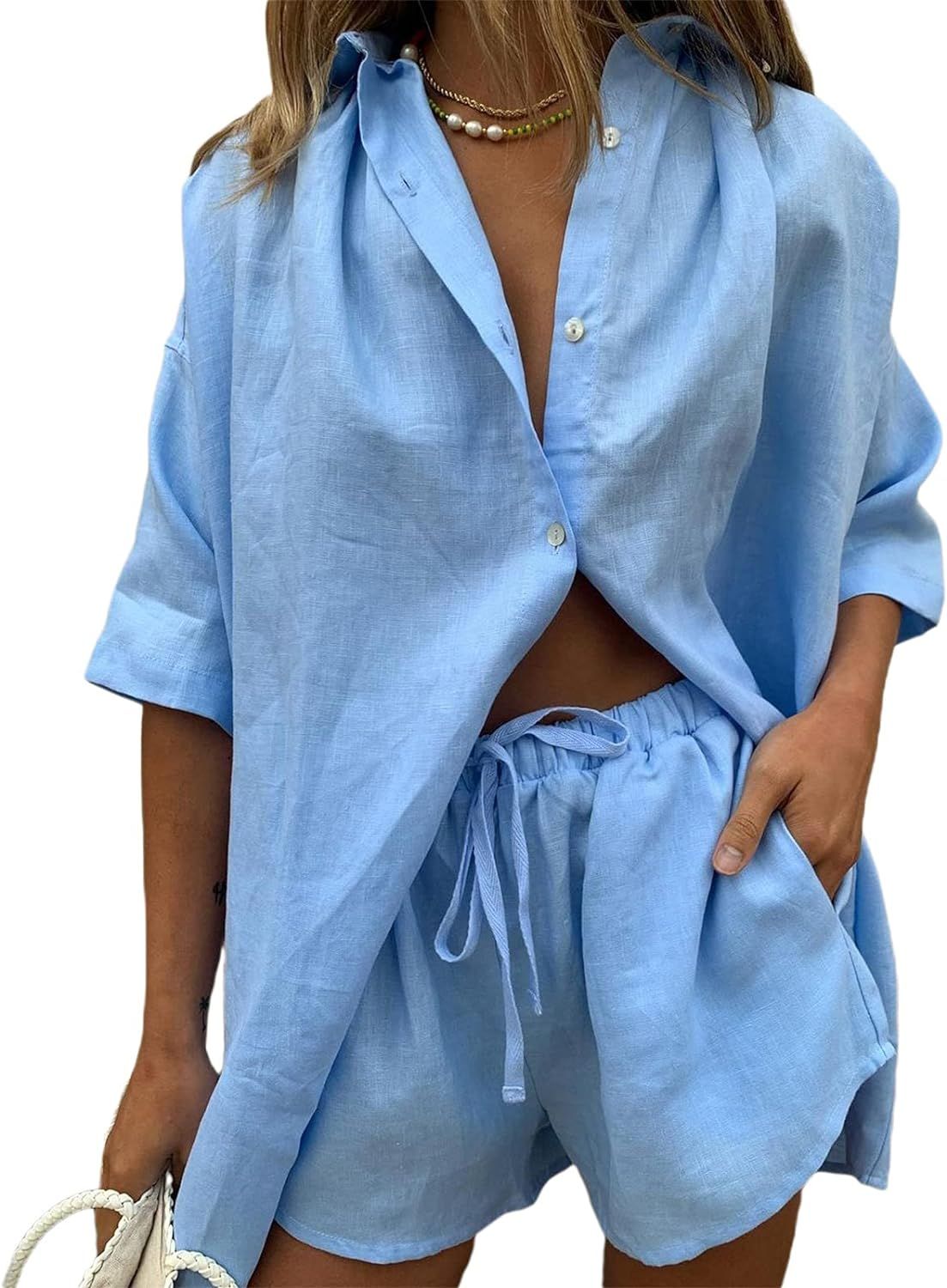 model wears oversized blue button down and matching short set