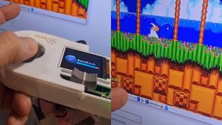 Close up of custom Sonic 2 Spin Dash controller on left with LCD screen meter at max and Sonic the Hedgehog 2 gameplay in emulator window on right.