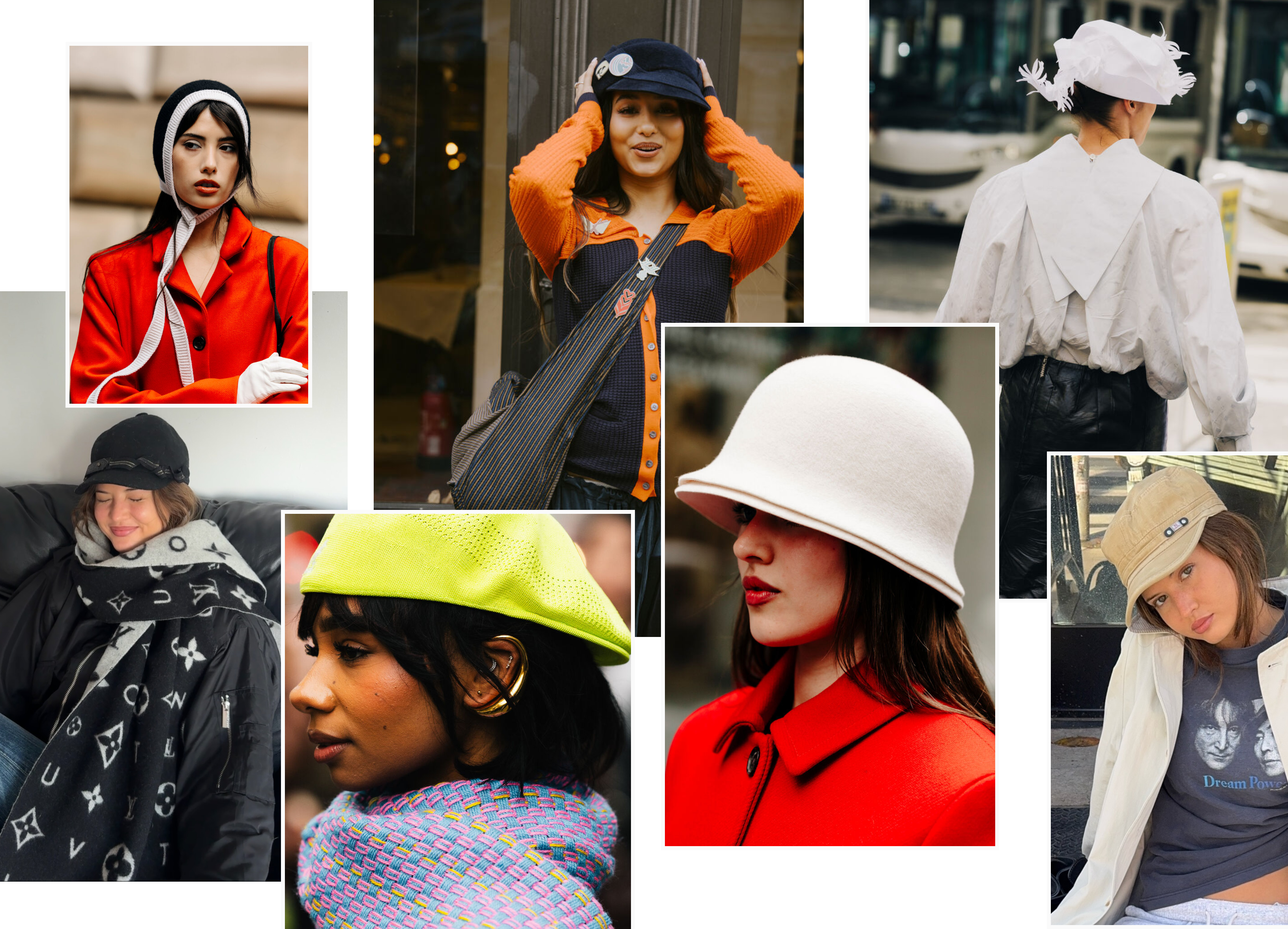 an image collage of women wearing hats, including Ruby Lyn wearing a black paperboy hat, louis vuitton scarf, black jacket, and blue jeans