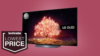 LG B1 OLED TV on purple background with sign saying "Lowest Price"