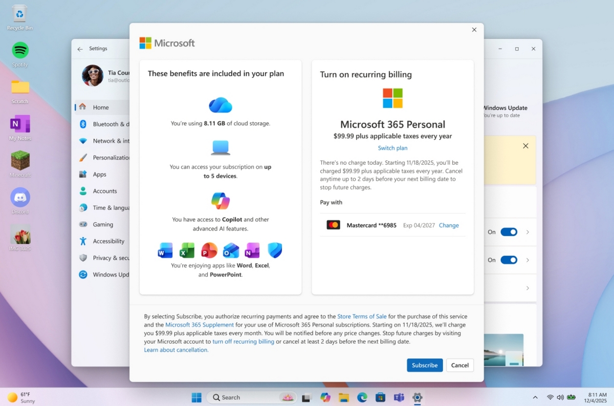 Windows 11 desktop showing the new Microsoft 365 Subscriber recurring UI.