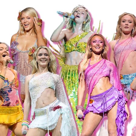 a collage of zara larsson wearing colorful performance outfits
