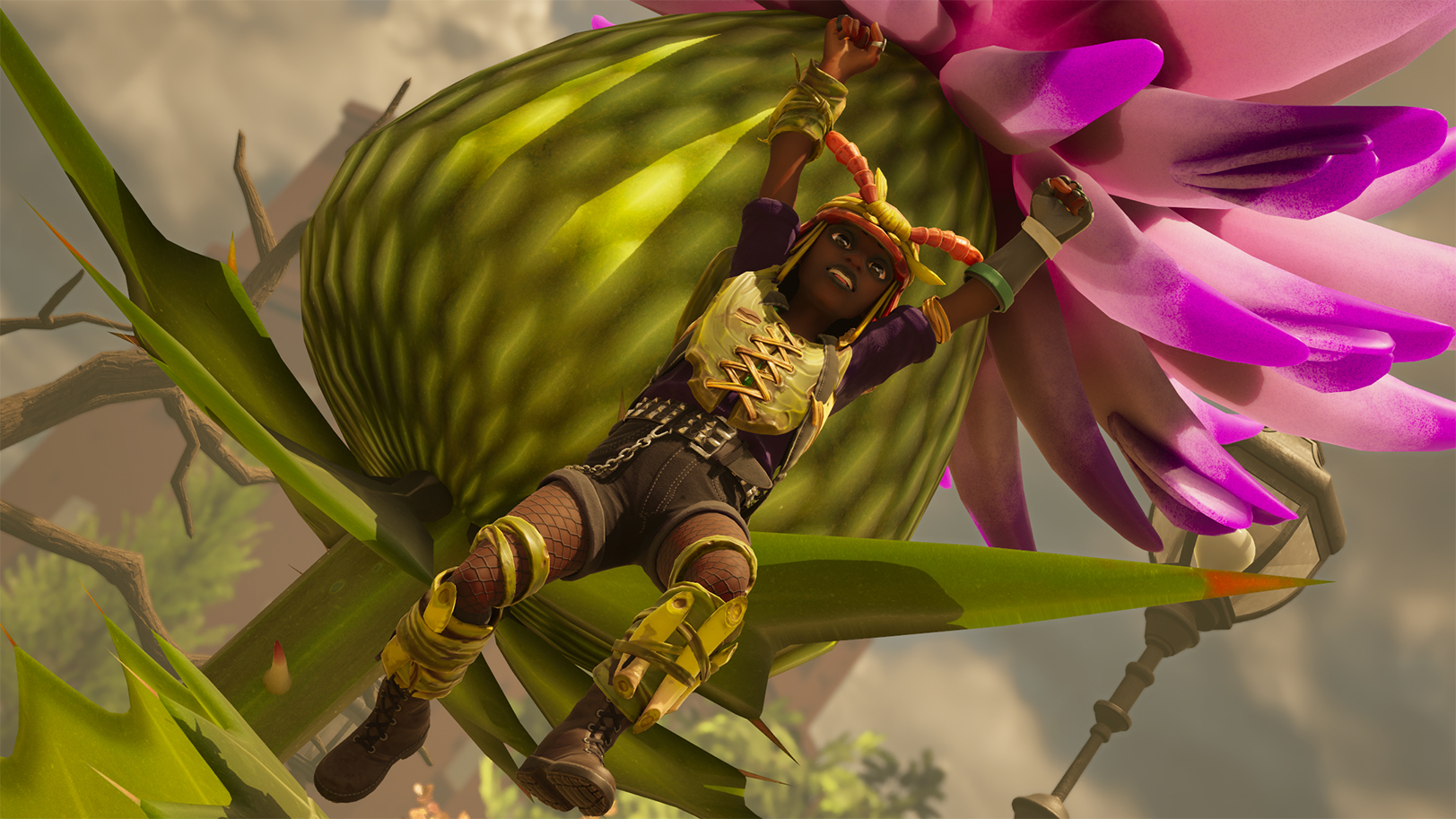 A Grounded 2 player standing in front of a Thistle's budding flower while cheering. The weed has little prickly needles you can see just behind her, those are the thistle needles. 