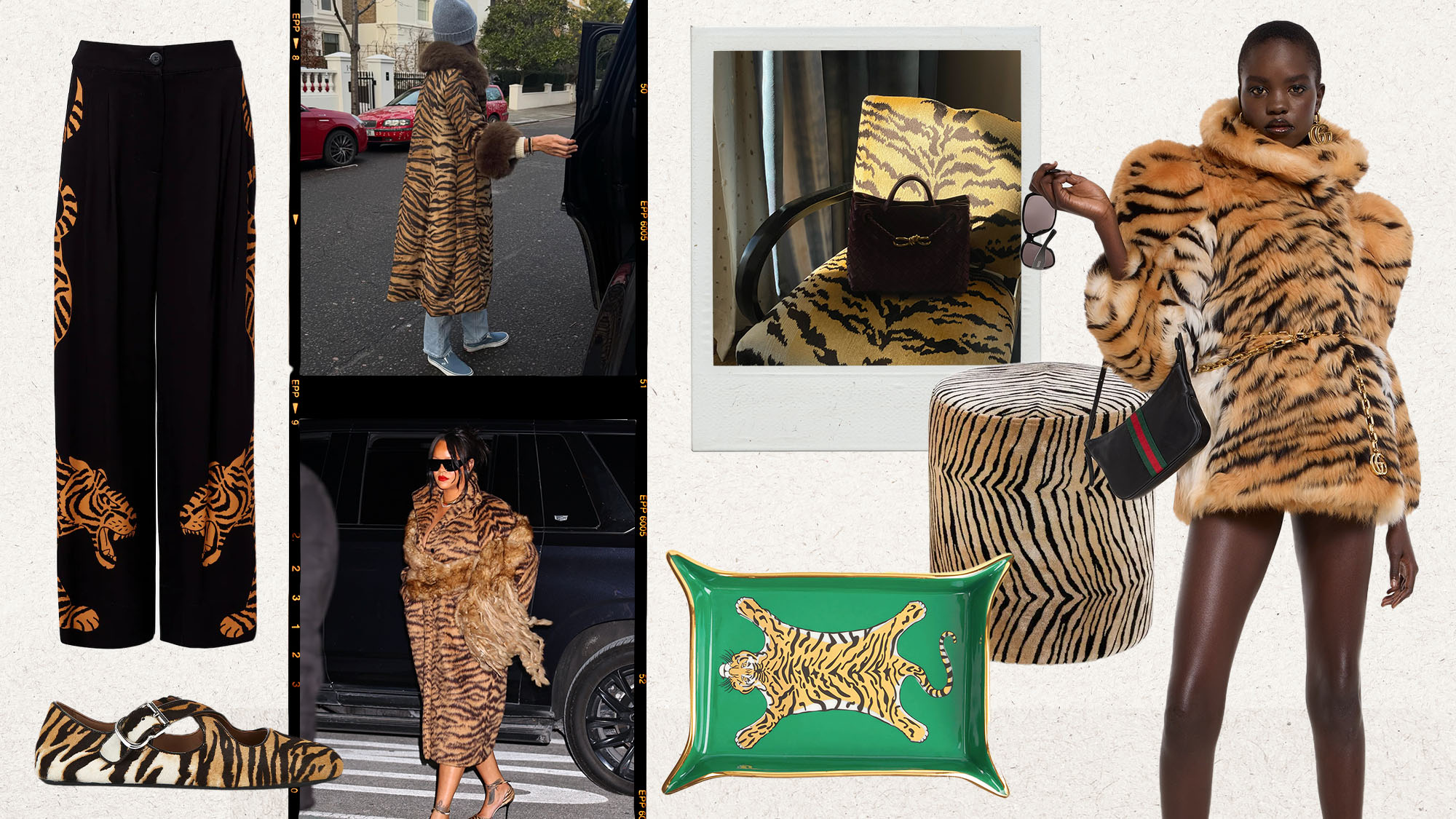a collage of tiger-printed fashion and home items