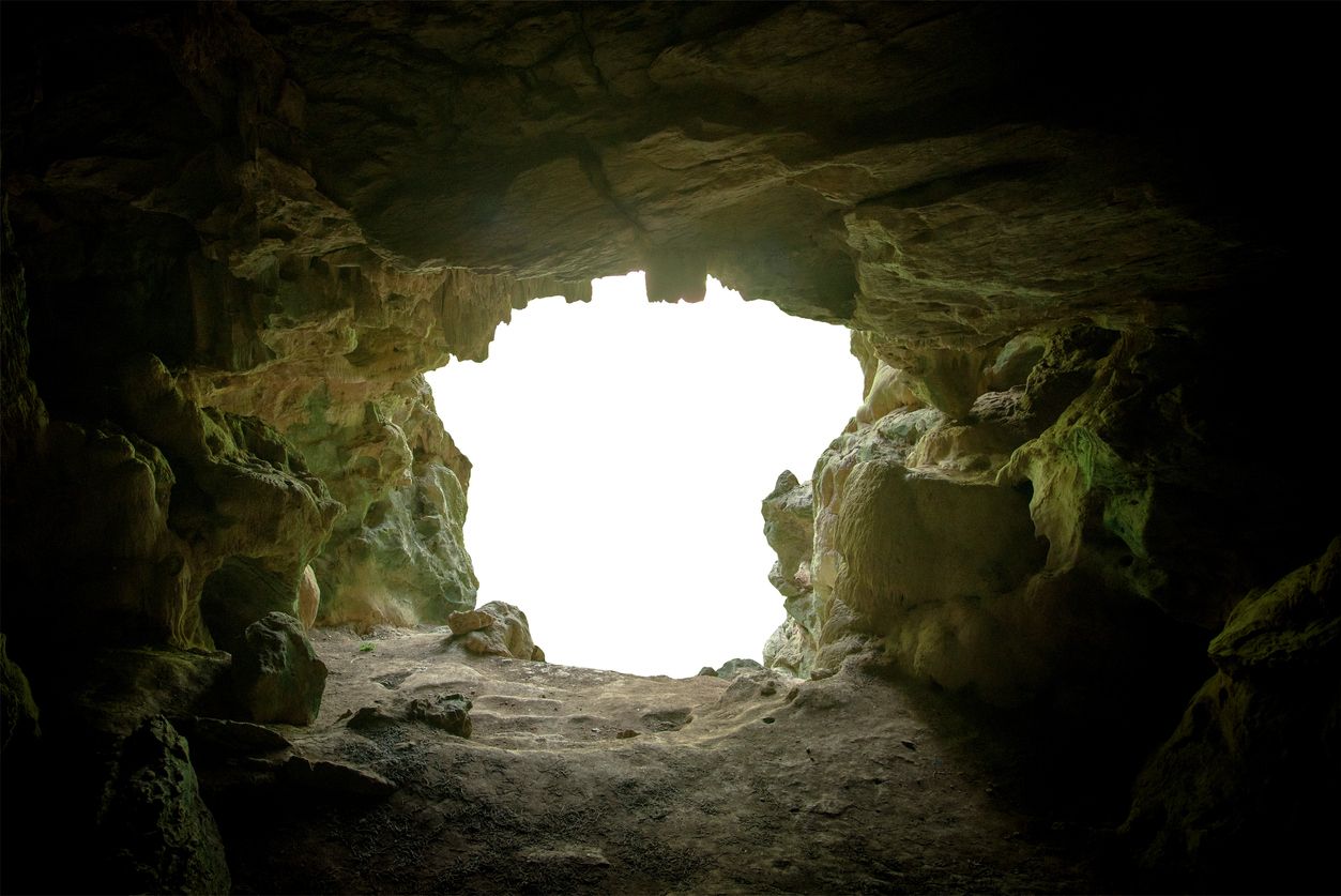 The entrance to a cave.