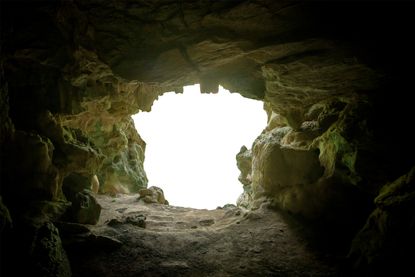 The entrance to a cave.