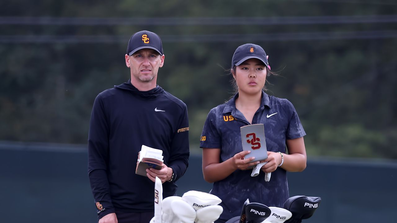 University of South California women&#039;s golf head coach Justin Silverstein and player, Kylie Chong at the 2024 East Lake Cup