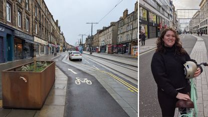 Emmie Harrison-West next to the worlds worst cycle lane