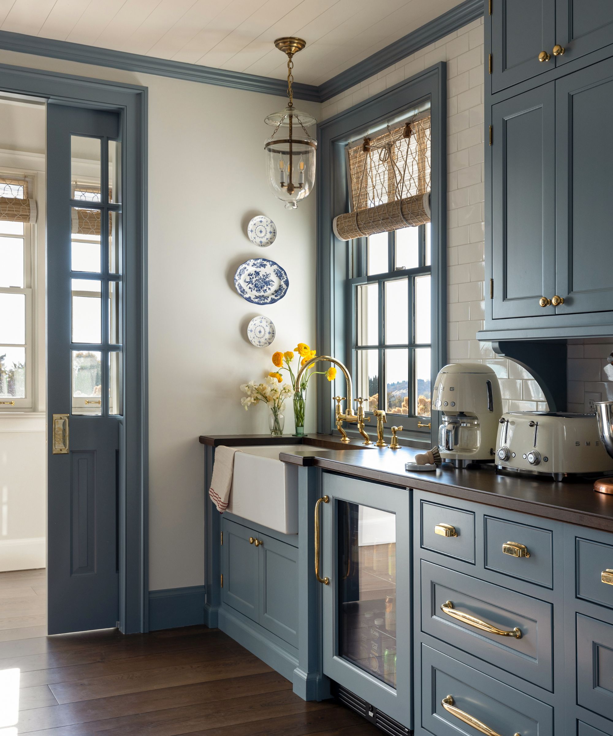 blue pantry with vintage plates