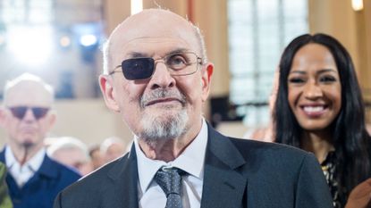 Rushdie attending a ceremony in Frankfurt, Germany, where he was awarded the 2023 Peace Prize by the German book trade association