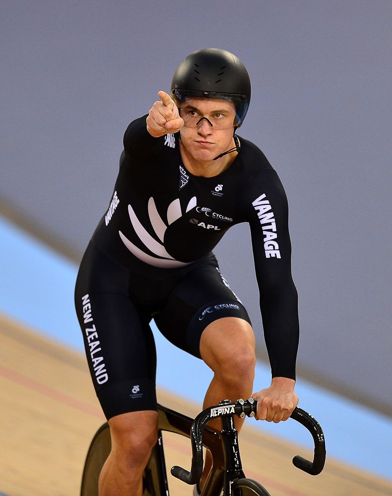 Sam Webster of New Zealand celebrates to the crowd during the UCI Track Cycling World Championships