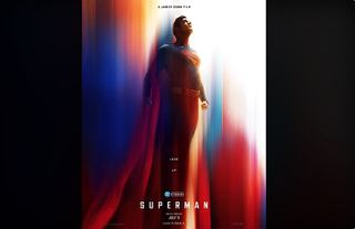 A poster depicting a caped superhero soaring skyward