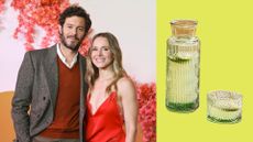An image of Adam Brody and Kristen Bell on the red carpet for 'Nobody Wants This' besides a cut-out of a green glass carafe
