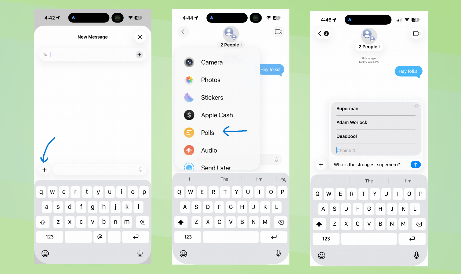 Screenshots of iOS 26 how to create polls in Messages.