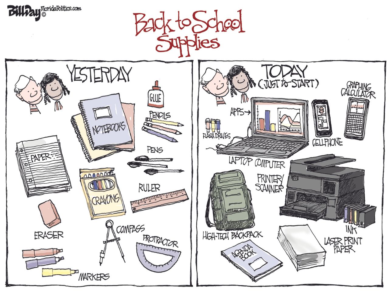 Editorial cartoon U.S. Back to school supplies technology