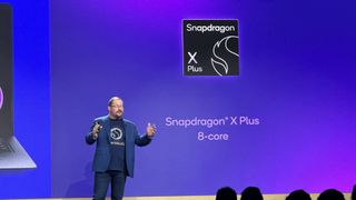 Cristiano Amon on stage during a Qualcomm presentation at IFA Berlin 2024 announcing Snapdragon X Plus 8-core CPUs