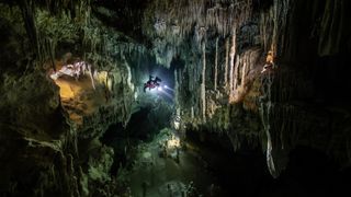 Diver in underwater cave.
