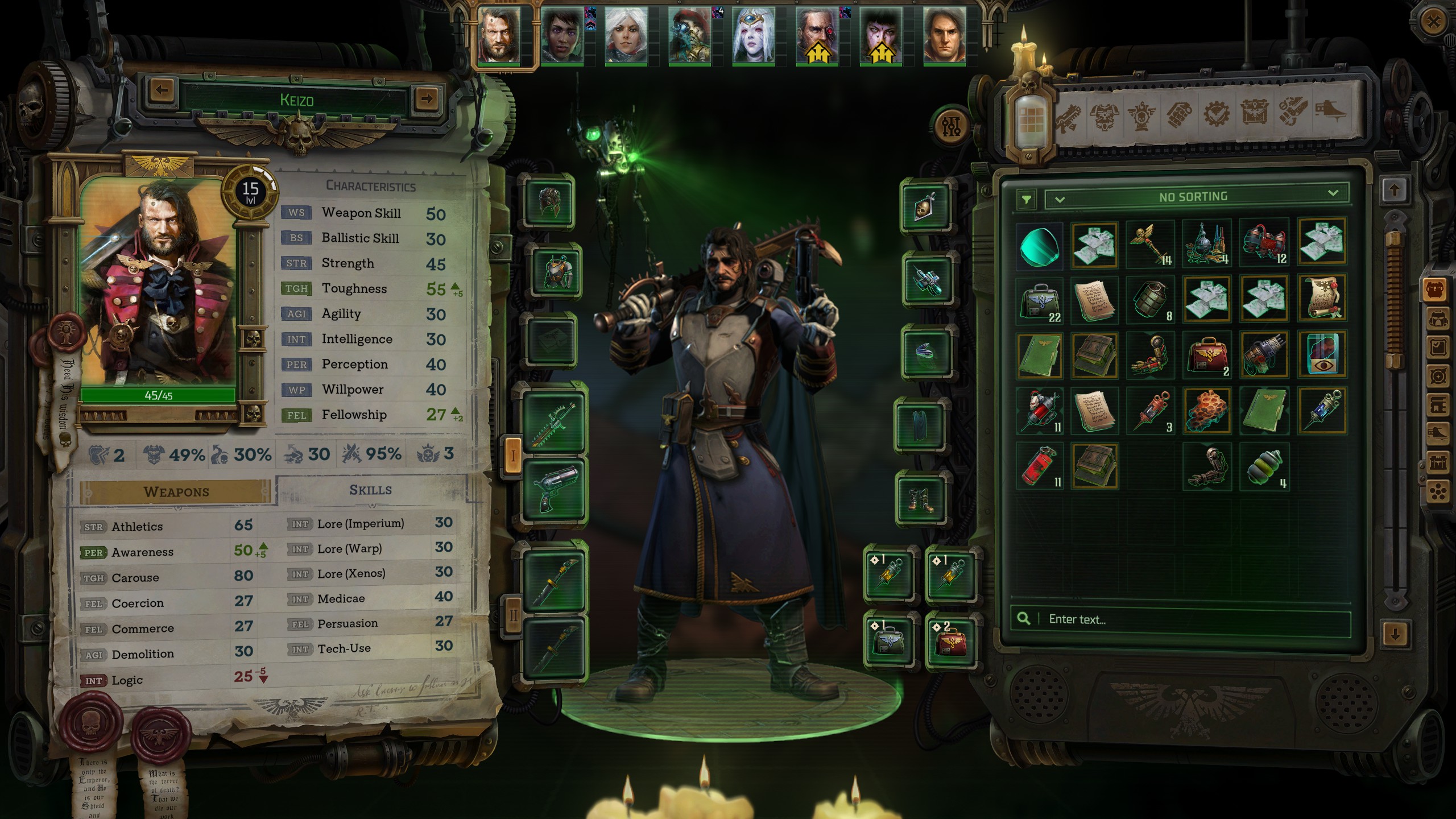 Rogue Trader inventory screen showing main character in heavy armor, dual wielding sword and revolver.