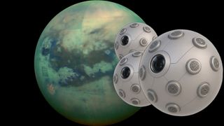 a mottled green orb on a black background and several metallic spheres with eye-like cameras