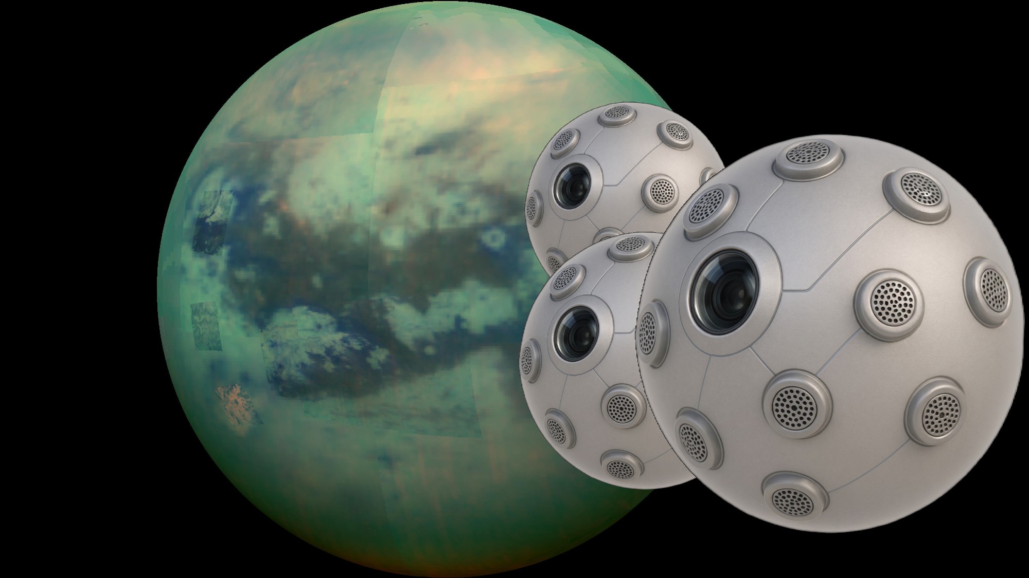 a mottled green orb on a black background and several metallic spheres with eye-like cameras