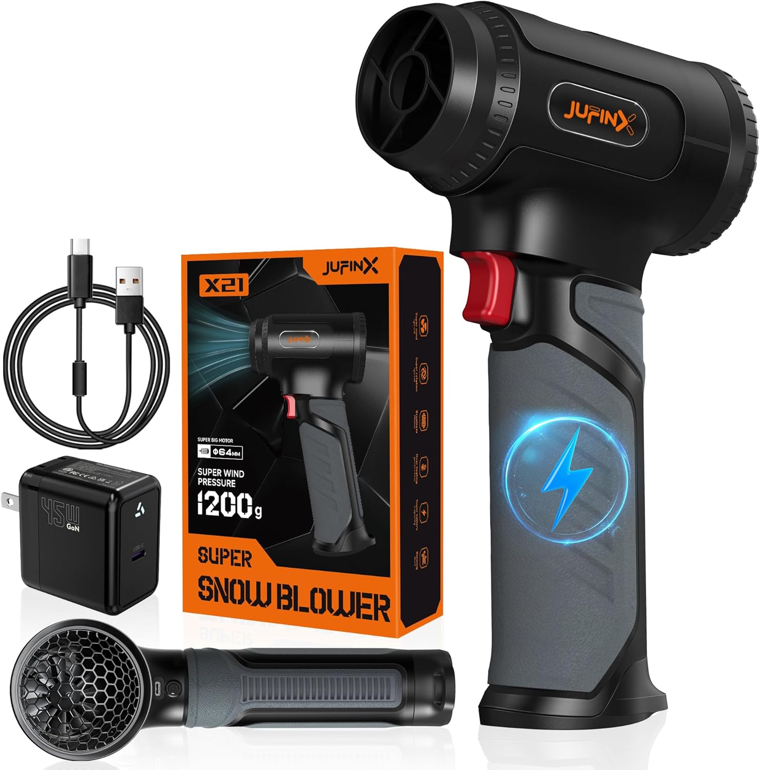 Jufinx Snow Blower -64mm Supper Motor,756w Stepless Speed- Leaf Blowers,680cfm(1200g Windpressure), 3000mah*8,30w Fast Charging,cordless Leaf Blower for Leaves,snow,house,machine Room,car Cleaning