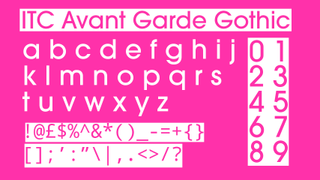 Pink and white text displaying the sans serif font ITC Avant Garde Gothic on a pink and white background.