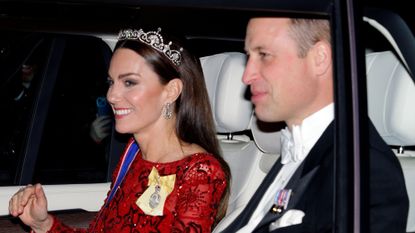 The Prince and Princess of Wales arrive at Buckingham Palace for a state banquet