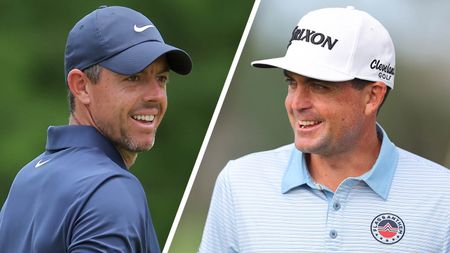 Rory McIlroy and Keegan Bradley smiling on the golf course