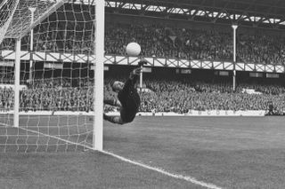 Soviet Union goalkeeper Lev Yashin makes a save against West Germany at Goodison Park during the 1966 World Cup.